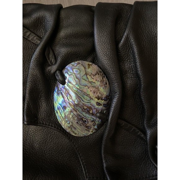 Vintage 80s Artisan Handmade Black Leather Purse With Mother Of Pearl Accent - Picture 2 of 14